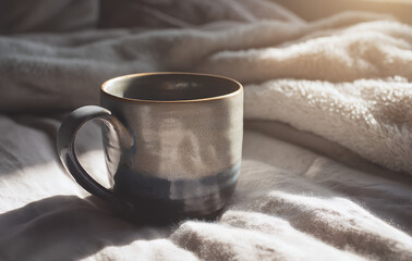 Dark Blue Speckled Ceramic Mug on Soft White Bedding in Morning Sunlight