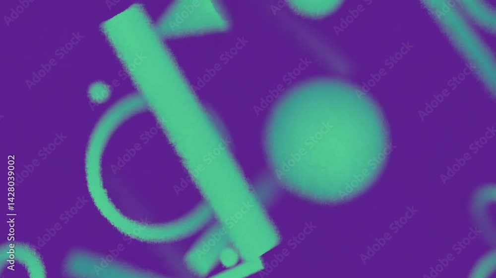 Aufkleber Meditative animation of geometric shapes falling and colliding in soft light. Green shapes on a dark purple background create a weightless effect. 3d rendering 4K