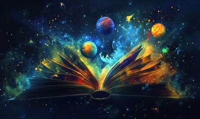 Cosmic book, planets emerge, space background, fantasy illustration, educational use