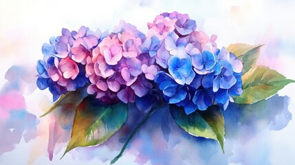 Watercolor painting of hydrangea on a white background.
