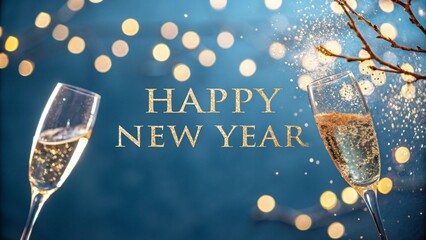 Champagne Toast Celebration - Happy New Year With Golden Glitter On Blue Abstract Background And Defocused Bokeh Lights