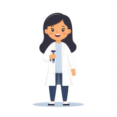 Fototapeta premium A cheerful female scientist holding a test tube, wearing a white lab coat and casual attire, standing confidently, ready for experimentation on a white isolated background.