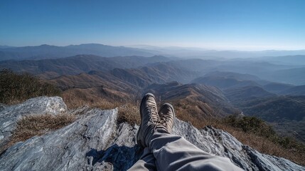 Fototapeta premium Hiker Relaxing on Rocky Outcrop Overlooking Mountain Range Under Clear Blue Sky
