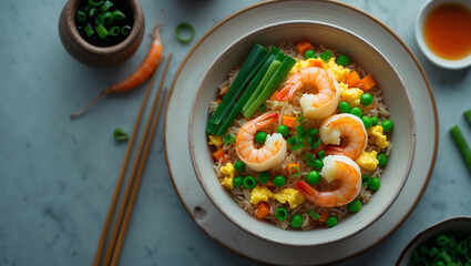 Chinese fried rice perfectly cooked with shrimp, egg, and vegetables. A vibrant, colorful dish captured from above, ideal for food visuals and commercial use.