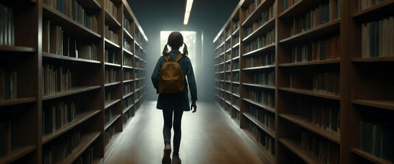 A Girl Walking alone in a Library seeking for knowledge