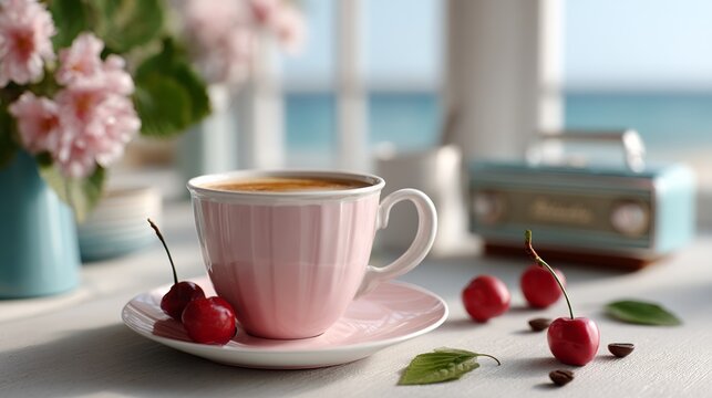 Pink coffee cup with a cherry on top sits on a white plate. The cup is placed on a table with a vase of flowers and a radio. Concept of relaxation and leisure, as the cup of coffee
