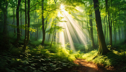 Obraz premium sunlit forest scene with rays of light streaming through lush green trees, creating serene and magical atmosphere. forest floor is covered with ferns and winding path