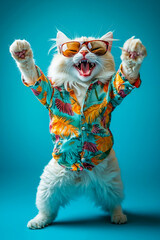 A white cat wearing a colorful shirt and sunglasses