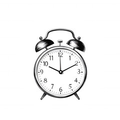 A classic black alarm clock with white dial and silver bells, symbolizing time management and punctuality, placed against a white isolated background.