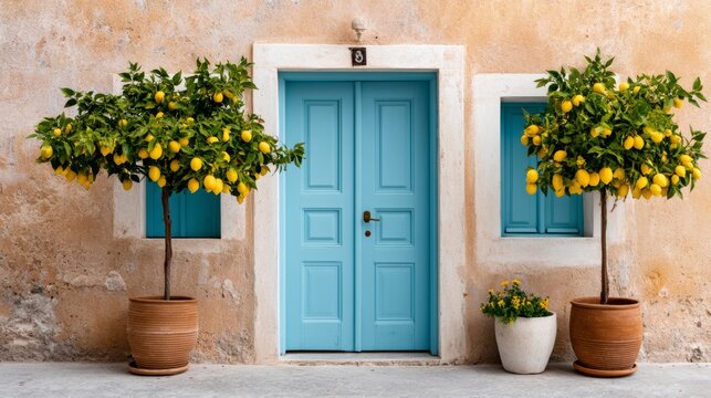 Blue door with two windows and a yellow door. The door is in front of two lemon trees - Powered by Adobe