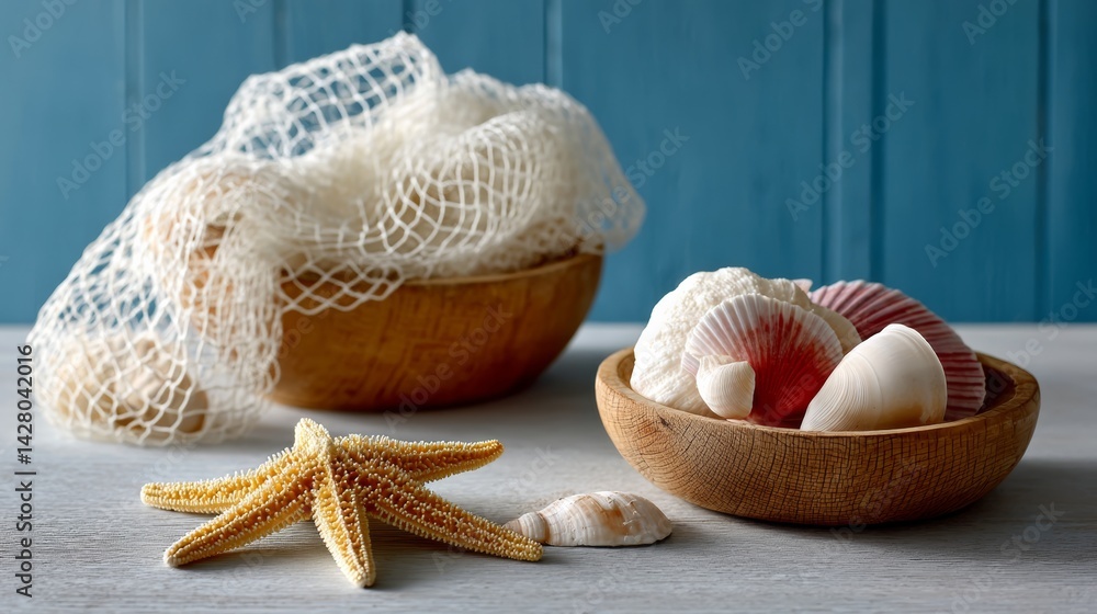 Poster starfish and a net are on a table. the starfish is yellow and the net is white