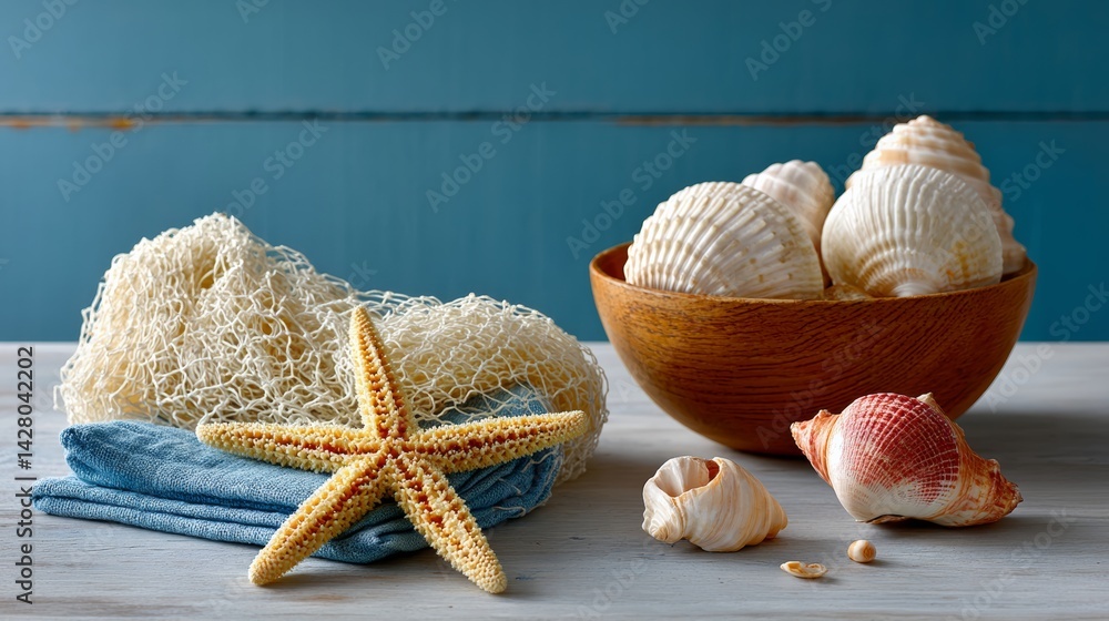 Poster starfish and some shells are on a table. the starfish is on a blue cloth and the shells are in a bow