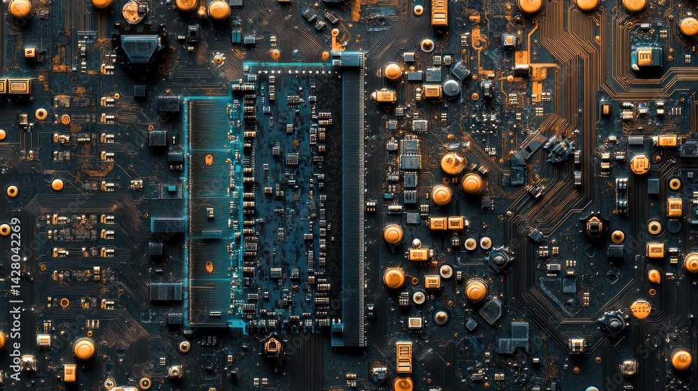 Poster close-up of a circuit board with intricate details and various electronic components.