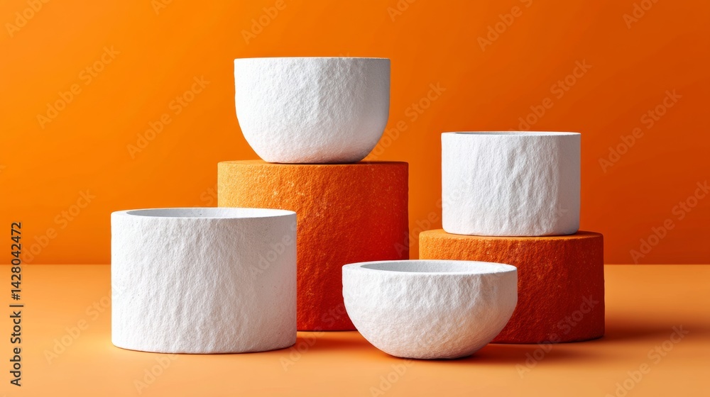 Poster row of white and orange bowls are stacked on top of each other. the bowls are of different sizes and