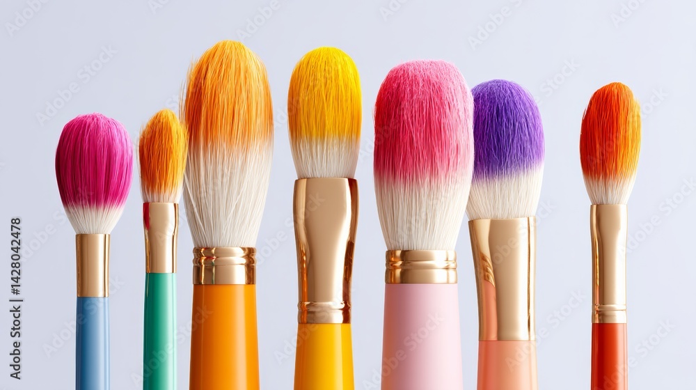 Aufkleber row of makeup brushes with different colors and sizes. the brushes are arranged in a line, with some