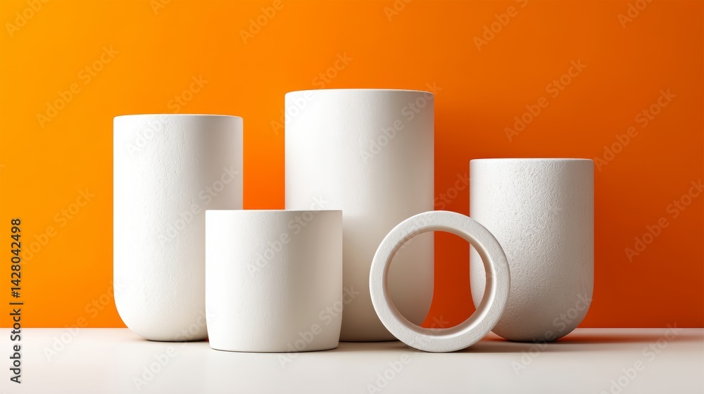 Poster row of white ceramic vases with one of them having a hole in the middle. the vases are arranged in a
