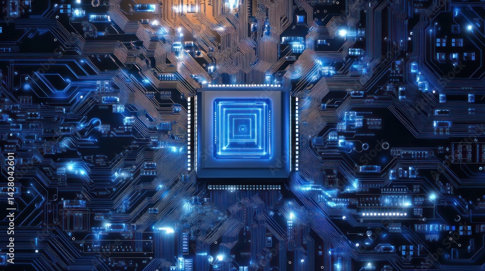 Poster illuminated microchip on circuit board shows technology and complex electronic components.
