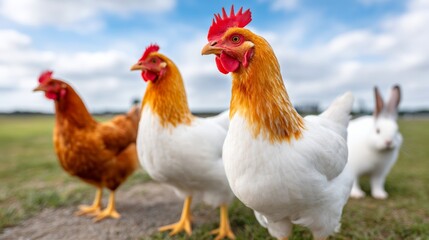 Fototapeta premium Three chickens stand in a field with a rabbit in the background. The chickens are brown and white, and the rabbit is white. The scene is peaceful and calm