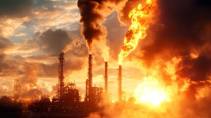 Fototapeta premium Gujaba oil refinery structures at golden hour industrial landscape dusk