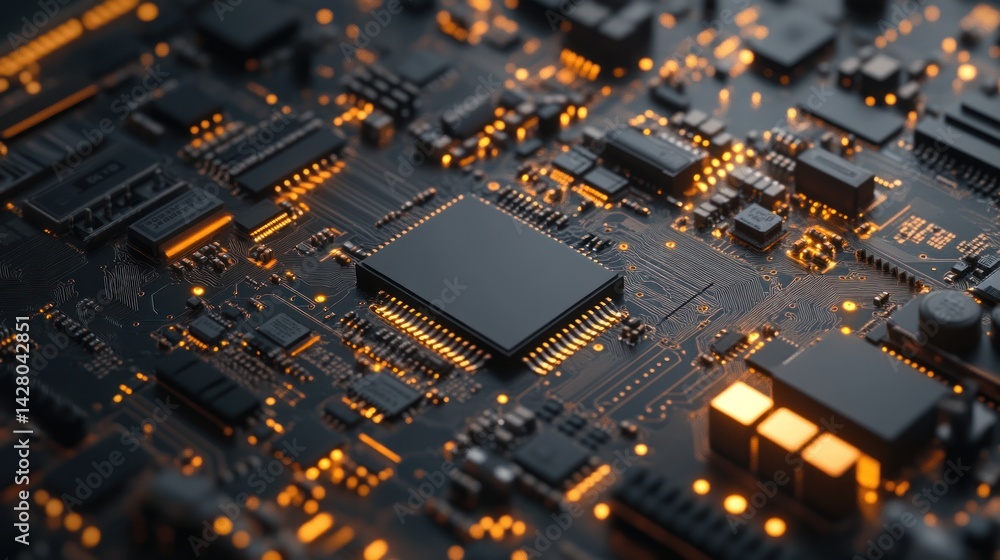 Poster close-up of a computer circuit board with a central processor and glowing lights.