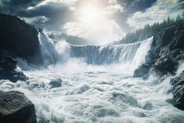 Fototapeta premium Powerful waterfall cascades into a river surrounded by lush greenery at sunset