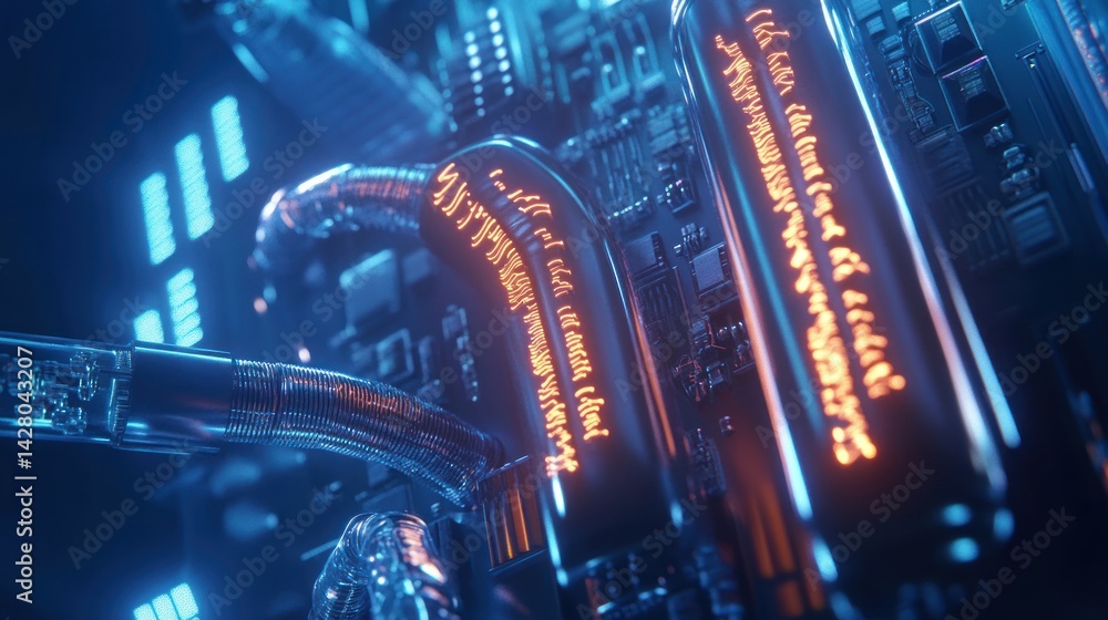 Poster abstract close-up of interconnected pipes and tubes with glowing elements in blue.