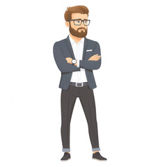 Obraz premium A confident businessman standing with crossed arms, wearing a formal suit and glasses, isolated on a white background. Ideal for corporate themes and professional profiles.
