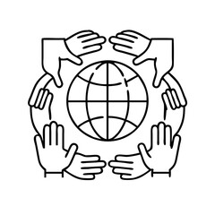 Obraz premium globe surrounded by hands icon, globe surrounded by hands line art - simple line art of globe surrounded by hands, perfect for globe surrounded by hands logos and icons