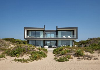 Modern beachfront villa with sharp lines and dune landscaping