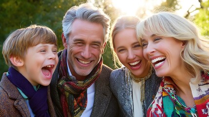 Fototapeta premium Joyful family bonding moments outdoors in sunny park candid laughter captured reflecting happiness