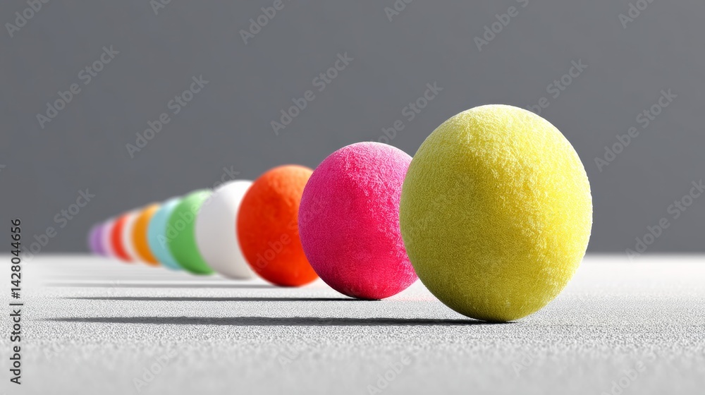 Poster row of colorful balls are lined up next to each other. the balls are of different colors and sizes, 