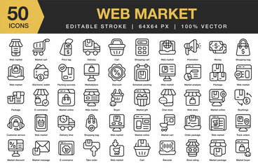 Web Market icon set. Editable Stroke Icon Collection. Includes web, business, digital, technology, marketing, online, and More. Outline icons vector collection.