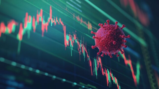 Coronavirus cell superimposed on a financial stock market chart showing decline. - Powered by Adobe