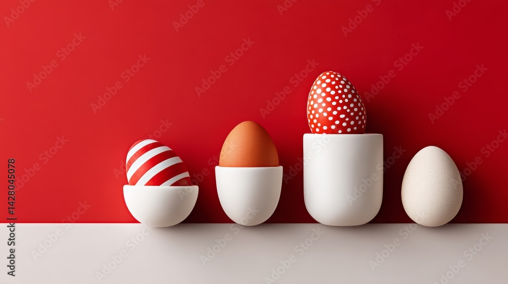 Poster group of eggs are arranged in a row on a red background. the eggs are in different sizes and colors,
