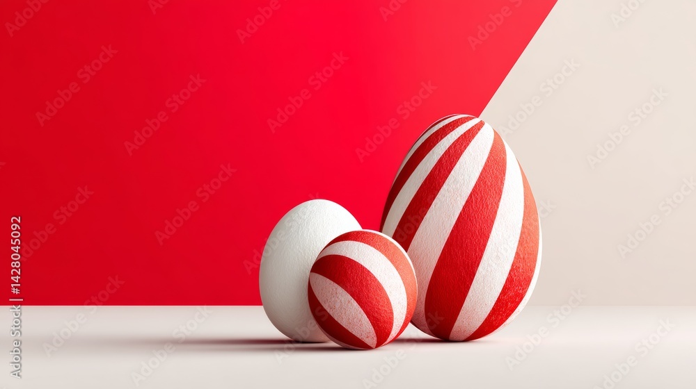 Poster three red and white striped balls are arranged on a white background. the balls are placed in a way 