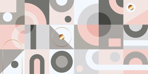 Geometric patterns with abstract shapes and forms in soft pastel colors. Decorative modern banner, art, colorful square tiles with golden decor. Vector illustration.