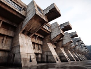 Fototapeta premium Brutalist Concrete Structure: A symmetrical facade of textured concrete formations. Architectural expression of strength and form.