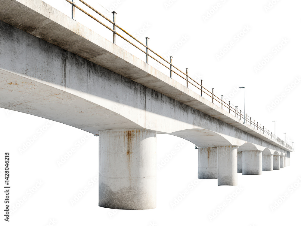 Poster long concrete bridge architecture design with railing and lights 3d road on transparent background