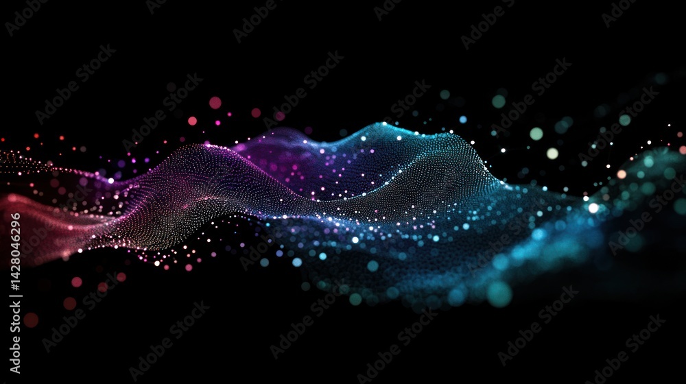 Aufkleber abstract digital art with flowing colorful lines and glowing particles on black.