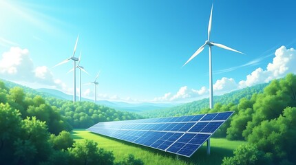 Peaceful river valley landscape with wind turbines