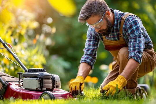 Man caring for lawn while adjusting lawnmower settings in a vibrant garden during late afternoon sunlight