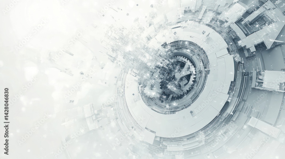 Poster abstract futuristic technology background with geometric shapes and light gray color palette.