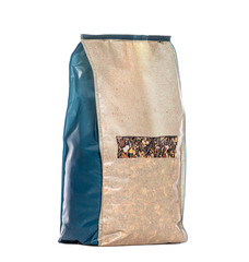 Large bag of pet food containing seeds and grains
