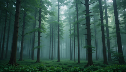 Obraz premium Misty Forest with Slender Trees and Dense Greenery, Gentle Light Filtering Through, Creating Tranquil Ambiance.