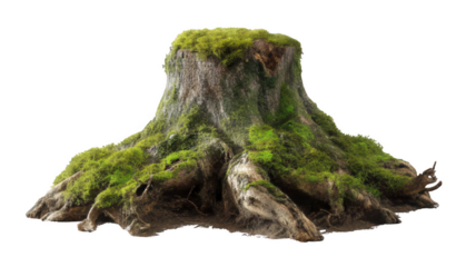 Realistic Tree Stump Surrounded by Moss and Thick Roots Transparent Background