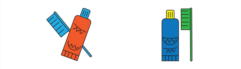 Toothpaste icon set, Contains toothpaste, toothbrush, with color symbols, Solid icon collection, Vector illustration.