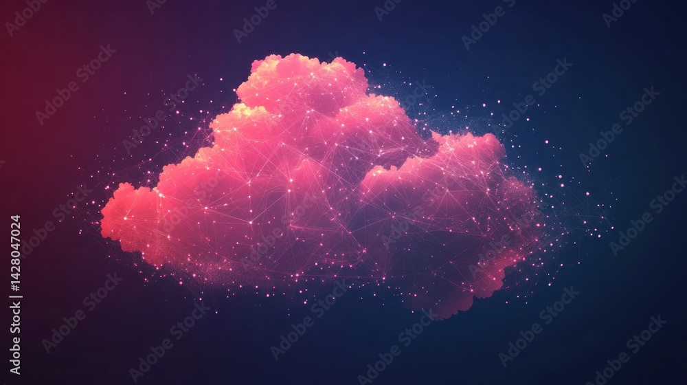 Poster pink cloud with particle effects on a dark background abstract digital art.