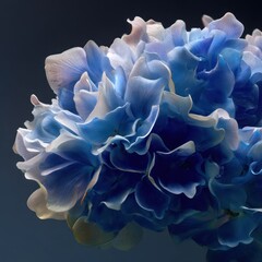 Vibrant blue and white hydrangea blossoms in close-up.