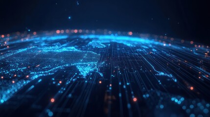 Abstract blue world map with glowing network connections and digital technology.