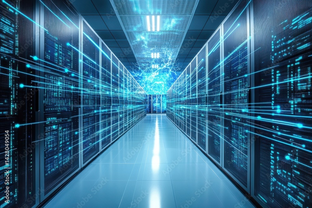 Poster modern server room with advanced technology and data flow visualization at night
